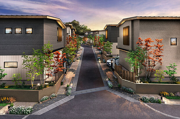 【夕景の街並み】協定地を設け、幅員6.4mのおもてなしの小路を設けました。温かみのあるタイルなどを設え、和の情緒あふれる街並みを形成しています。