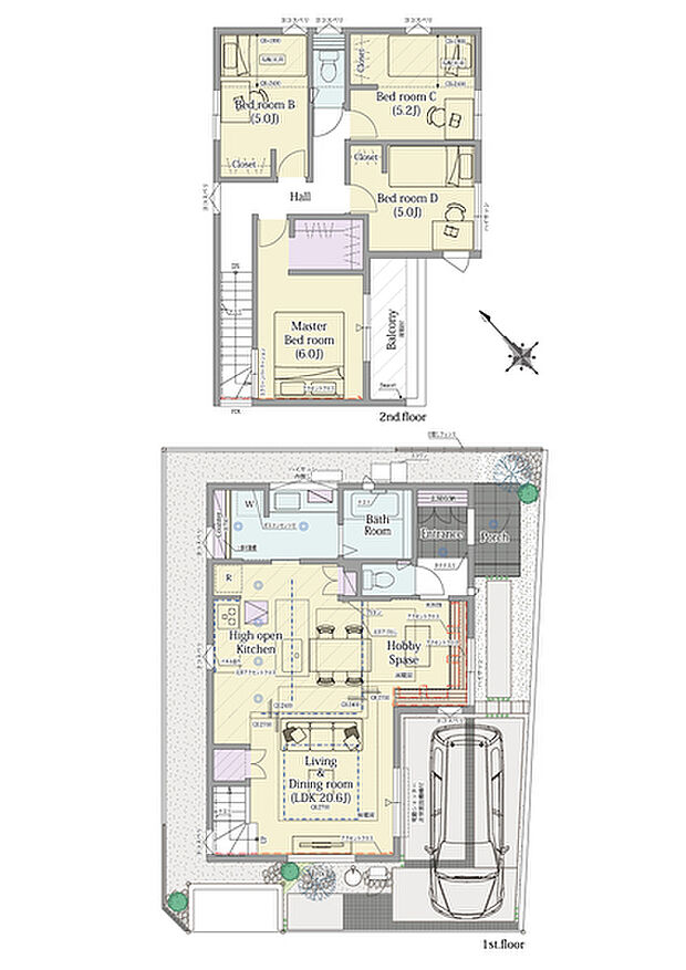 【4LDK】4LDK+ウォークインクロゼット+パントリー

■敷地面積：105.02m2(31.76坪)
■建物面積：102.68m2(30.00坪)
■１階面積：  51.34m2(15.50坪)
■２階面積：  51.34m2(14.50坪)
