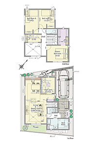 3LDK(2LDK対応可※有料オプション)+ランドリースペース+ウォークインクロゼット+パントリー

■敷地面積：91.65m2(27.72坪)
■建物面積：94.39m2(28.49坪)
■１階面積：48.23m2(14.56坪)
■２階面積：46.16m2(13.93坪) 