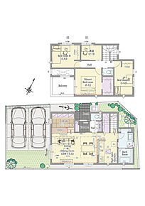4LDK+小上がりラウンジ+シューズクローク+パントリー+ファミリーステーション+ウォークインクロゼット

■敷地面積：114.70m2(34.69坪)
■建物面積：  96.48m2(28.99坪)
■１階面積：  51.54m2(15.56坪)
■２階面積：  44.94m2(13.43坪) 