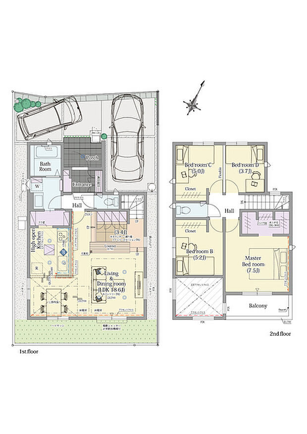 【4LDK】4LDK+小上がりラウンジ+シューズクローク+パントリー+ファミリーステーション+ウォークインクロゼット

■敷地面積：110.01m2(33.27坪)
■建物面積：  97.49m2(29.43坪)
■１階面積：  51.54m2(15.56坪)
■２階面積：  45.95m2(13.87坪)
