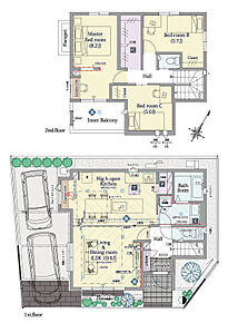 3LDK+ファミリークローク+パントリー

■敷地面積：110.10m2(33.30坪)
■建物面積：97.37m2(27.99坪)
■１階面積：49.06m2(14.81坪)
■２階面積：48.31m2(13.18坪) 