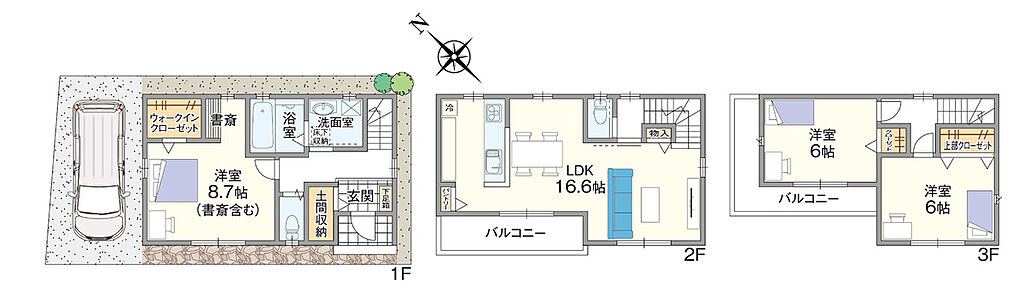 【間取り図】
外部からの視線が気にならないよう、2階にLDKを配置。WICや土間収納など、豊富に収納を設けました。全居室6帖以上の広さを確保し、ゆったりと暮らせる住まいです。