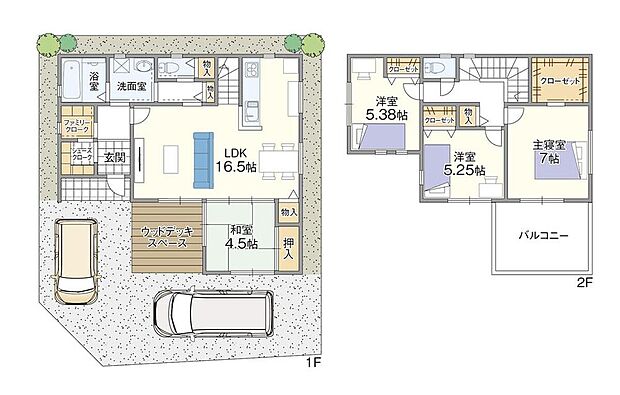 【建物プラン例(1)】
生活動線の良い1階LDKと、集約した間取りが日々の家事負担を軽減します。全居室に設けた収納に加え、シューズCLやファミリーCLなど、すっきりと暮らせる工夫を詰めました。