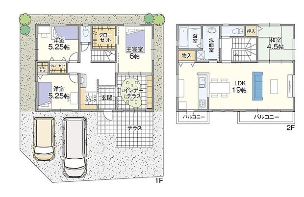 【建物プラン例(2)】
明るく広々と感じられるバルコニーサイドのLDKが特徴。隣接する和室の扉を開放すれば、23帖超の大空間に◎多彩に使えるインナーテラスも魅力です。