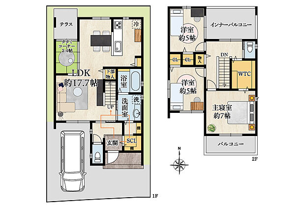 玄関～SCL～洗面室～LDKへ通り抜けができ、帰宅時にアウターを掛けたり手を洗ってからリビングや2階へ向かうことができます。足を伸ばして寛げるタタミコーナーがLDKに隣接。WTCなどにより収納力も◎