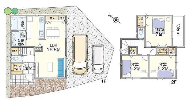【1号地/間取図】LDKはダイニングとリビングをゾーニングしやすく、メリハリある暮らしが叶うレイアウトです。水回りを集約し、家事効率の良い動線に。各居室に収納を配置し、邸内を広くお使いいただけます。