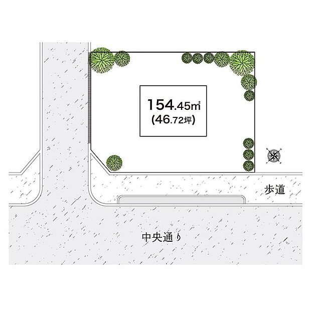 【区画図】
限定1区画！開放感のある角地に立地◎46坪超のゆとりある敷地×整形地で、幅広い建物プランが検討可能です。南東側道路には歩道が整備されています。