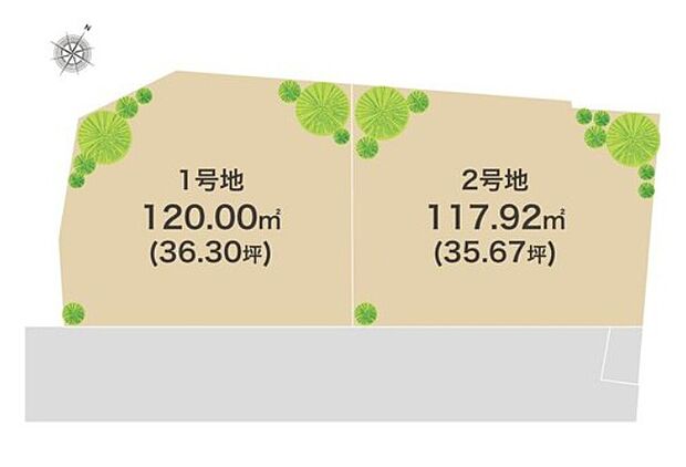 【全体区画図】敷地面積約35坪・36坪超！南東向きで採光を確保しやすい形状です。南海本線「羽衣」駅から難波や関西空港方面など、主要駅や都心へ軽快アクセス！堺泉北有料道路のインターから車利用も便利です。