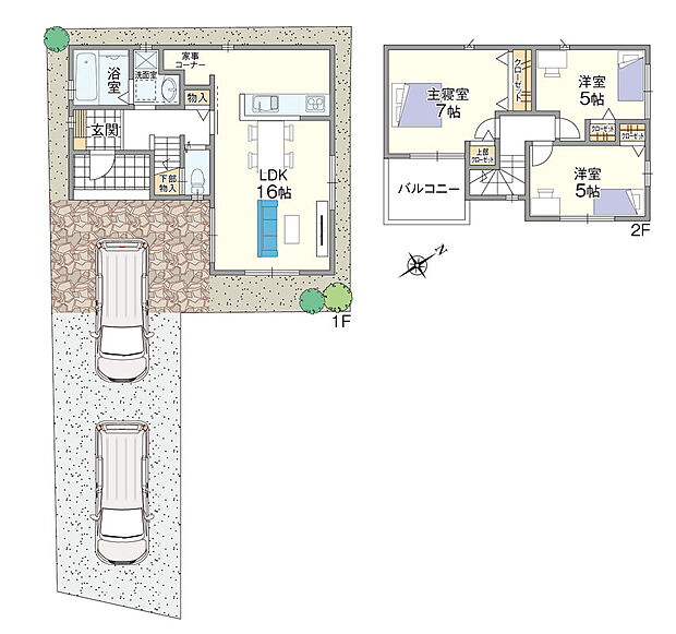 【【16号地参考プラン】】生活動線の良い1階LDKは多面採光で明るく約16帖の広さ！約7帖の主寝室含む3洋室を2階を設けた「3LDK」プランです。キッチンの傍には家事コーナーがあり、多用途にご活用いただけます。2台分のカースペース付きです(車種による)。