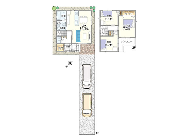 【3LDK】ご家族が集うLDKと水回りを1階に、個々の時間を大切にできる個室を2階に配置した3LDKです。SICや廊下収納など、室内各所に豊富な収納スペースを設けています。