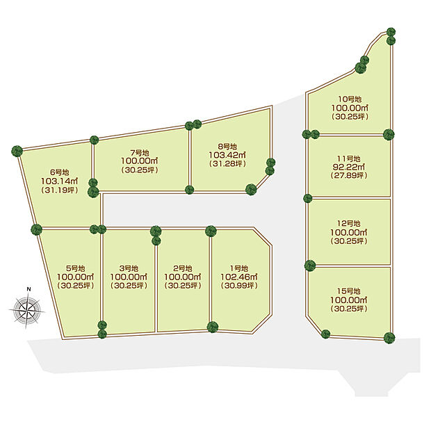 【-】全区画30坪超×総11区画の新コミュニティ！2号地は北・南の2方が道路に面し、風通しが良く整った区画形状です。LDKや主寝室など、全居室が2面採光で、自然光や爽やかな風を採り込みます。