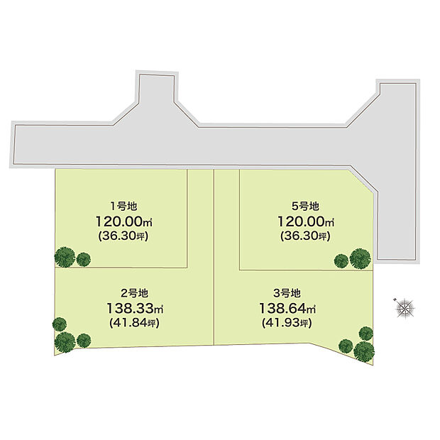 開放感のある角地を含む全4区画。全区画36坪以上のゆとりのある敷地です。前面道路の幅員は、北東側・南東側ともに約4.7m(私道・開発許可道路・42-1-2)です。