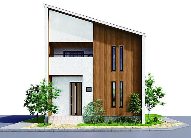 【【外観パース/ラ・イーブス】】片流れ屋根がスタイリッシュな印象を与える la eaves（ラ・イーブス） 白と木目を基調にした、すっきりとしたデザインの家。飽きることのない美しさを保ちます。