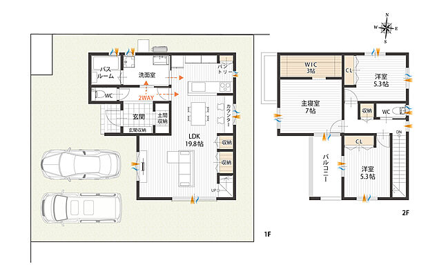 【間取図/A号地】LDKは約19.8帖。ダイニングにカウンターを設け、お子様が宿題に取り組む様子を対面キッチンから見守ることも。広い洗面室はキッチン、ホールから出入りができ、帰宅時の手洗いがラクラク。