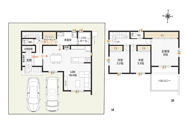 【間取図/B号地】玄関～FCL～洗面室～LDKが行き止まりなくつながる快適動線。帰宅時に着替えまで済ませることができそうです。全居室に収納を備え、主寝室は約8帖！スッキリと片付き、邸内を広く使えます。
