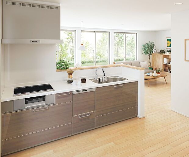 【【EIDAI】システムキッチン】家族でのコミュニケーションがとれる対面型システムキッチン。横一列にシンクとコンロをまとめたシンプルな形です。動きやすさとスタイリッシュなデザインが魅力。