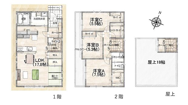 【参考プラン（３LDK＋畳コーナー＋屋上）】建物価格1,980万円（税込）