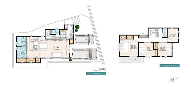【4LDK】1階は家族全員でゆったり過ごせる19帖のLDK、友人が遊びに来ても安心！2階は家族それぞれのプライベートスペースを大切にする居室４室。