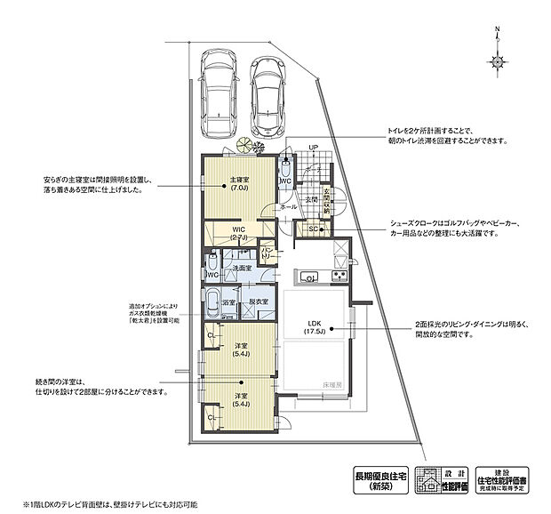 【3LDK】リビングと離れた北側に主寝室を計画し、プライバシーに配慮しつつ、子どもの見守りにも適した平屋を設計しました。LDKと続き間の洋室2室は、仕切りを設けて各洋室として使用したり、建具を開いてLDKの拡張空間として活用することもできます。

※設計性能評価取得済