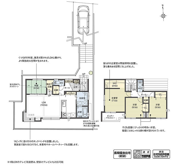 【4LDK】リビングの一角に、家族皆で座れるベンチを設けました。高窓から自然光が入り込む心地の良い空間で、読書やコーヒーなどを楽しむことができる憩いの場となっています。

※設計性能評価取得済