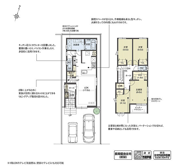 【4LDK】L型キッチンを採用した明るく一体感のある間取りです。広々としたキッチンは利便性にも優れ、料理好きの家族にぴったりです。ゴミ箱置き場やパントリーなど、生活に役立つスペースも確保しています。

※設計性能評価取得済
