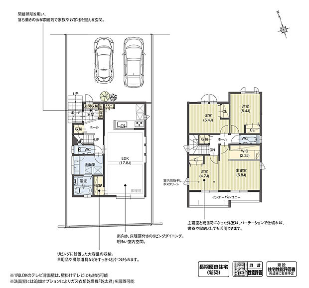 【4LDK】隣地の状況を考慮し、LDKを東側に計画しました。また南面だけでなく東面にも窓を計画することで、東からリビングいっぱいに朝日が差し込む明るく心地よい住まいとなっています。
※設計性能評価取得済
