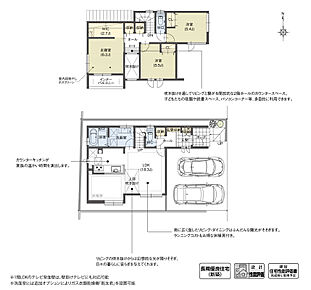 リビングに明るい光を取り込む吹き抜けを計画しました。吹き抜けは2階のスタディコーナーと繋がっており、開放的なスペースで作業をしながら、1階で過ごす家族の声が届く設計となっています。

※設計性能評価取得済 