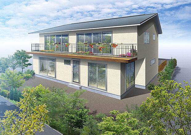 A号地参考プラン図2の外観イメージバース（西南側）
2階リビング全体がバルコニーに面しているので南面採光が良好な団欒空間を実現できます。リビングで寛ぎながら南面に広がる生駒山系を望むこともできます。