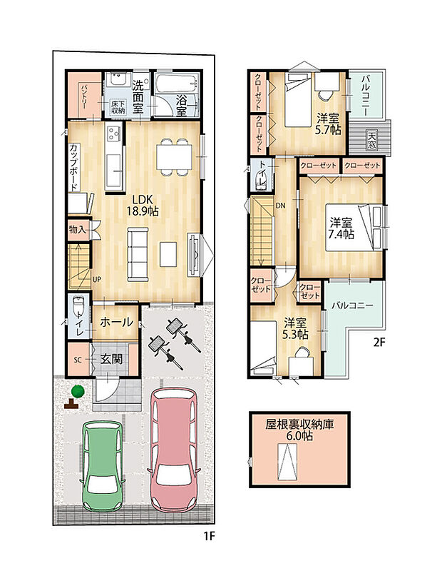 ■1D号地　モデルハウス
土地面積 100.00m2（30.25坪）
延床面積 95.02m2（28.74坪）
1階床面積 50.72m2
2階床面積 44.30m2