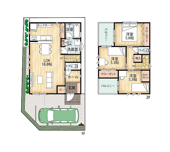 ■A号地 モデルハウス
土地面積 90.49ｍ2（27.37坪）
延床面積 87.77ｍ2（26.55坪）
1階床面積 48.44ｍ2
2階床面積 39.33ｍ2
