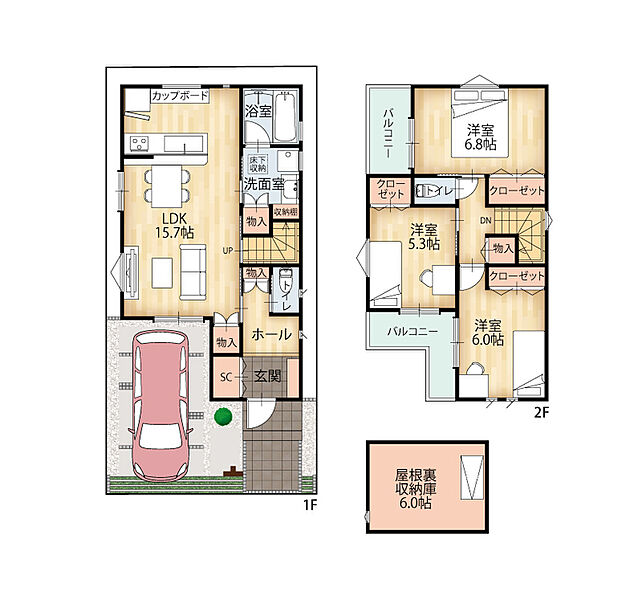 ■B号地 モデルハウス
土地面積 80.51ｍ2（24.35坪）
延床面積 86.39ｍ2（26.13坪）
1階床面積 45.40ｍ2
2階床面積 40.99ｍ2