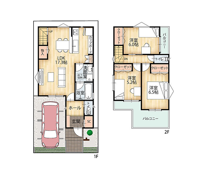 ■C号地 モデルハウス
土地面積 80.71ｍ2（24.41坪）
延床面積 85.71ｍ2（25.92坪）
1階床面積 45.96ｍ2
2階床面積 39.75ｍ2