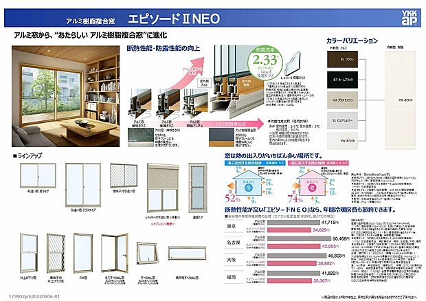 【アルミ樹脂複合窓】複合サッシを取り入れることにより、断熱性能・防露性能が向上します。またガラス面においてはアルゴンガス入りLow-E複層ガラスを採用。断熱性能の高さで日々のランニングコスト（電気、ガス）の節約にも繋がります。　※建築時に使用する製品全てにおいて、メーカーの販売中止等の事情により住宅仕様内容が変更となる場合があります。