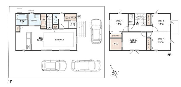 【間取り図】
家族構成やライフスタイルの変化に対応可能な4LDK。1階にご家族の共有スペース、2階は個室を中心に配置。各階に異なる機能を持たせ、プライバシー面に配慮しました。豊富な収納も魅力。
