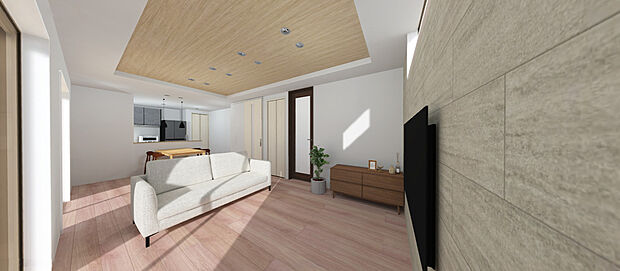 【LDK/パース】
リビング側には、外からの視線が入りにくい高窓を配置。一部に異なるカラーのアクセントクロスを施し、ゆったりと寛げる空間を演出しました。