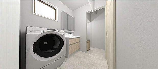 【【洗面室/パース】】物干し竿を吊るすことができる、実用性を高めた洗面室。キッチンから洗面室への動線が短く、家事をスムーズに進めることができます。