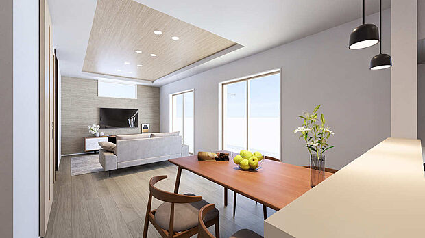 【【LDK/パース】】対面式キッチンは、ご家族やゲストと会話を楽しみながら調理をすることができます。仕切りを最小限にしており、ご家族を近くに感じながら過ごすことができます。