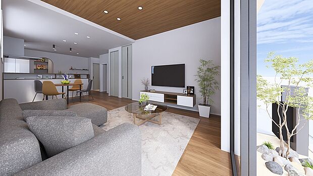 【エコカラットが施工されたLDK】LDK の壁にはエコカラットが施工されており、高級感のある空間に。エコカラットとは、無数の孔が空いたタイルのことで、調湿性や消臭効果があるため、快適な空間を作り出します。