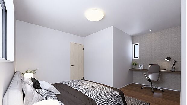 【ゆとりのある８帖主寝室】8 帖の広々とした主寝室は、ダブルベッドを配置しても十分に余裕が残る、心からくつろげるゆとりある空間です。壁に設えられた書斎カウンターは、リモートワークや読書に没頭できる自分だけの特等席に。