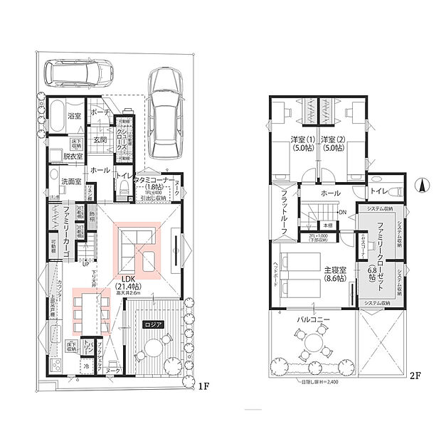 高橋開発が得意とする、暮らしの中にあるものがたりを大切に、プライベート空間ロジアやファミリーカーゴ、壁付けキッチンとビッグダイニングといった独自の提案をふんだんに盛り込んだプランニング。