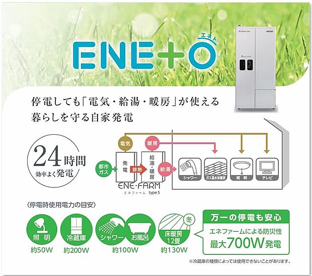 【ENETO】ガス給湯器(バックアップ熱源機)の購入のみで、自分の家で電気をつくる「家庭用燃料電池エネファームtypeS」の燃料電池発電ユニット192-AS15型を無償で利用できるサービス
災害などで停電になっても自立運転で発電を継続。照明やテレビ、お風呂やシャワーが使えます。断水時はタンク内のお湯(水)を生活水として使うこともできます。
※飲用用途にはご利用いただけません。