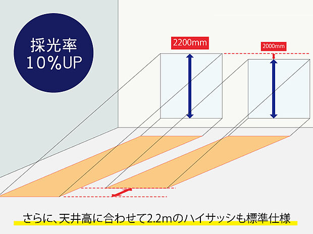 【2.2m ハイサッシ】一般的な高さの2mの高さのサッシより、20cmも背の高い2m20cmのサッシを採用しました。光の入り方が違います。