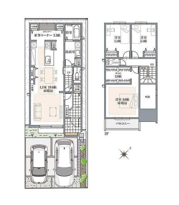 【間取り図/No.3】
約19.6帖のゆとりあるLDK。北西側にカウンター付きの家事コーナーが設けられています。LDK3ヶ所+約9.0帖の洋室に床暖房付き◎玄関上部は開放感溢れる吹抜け仕様です。