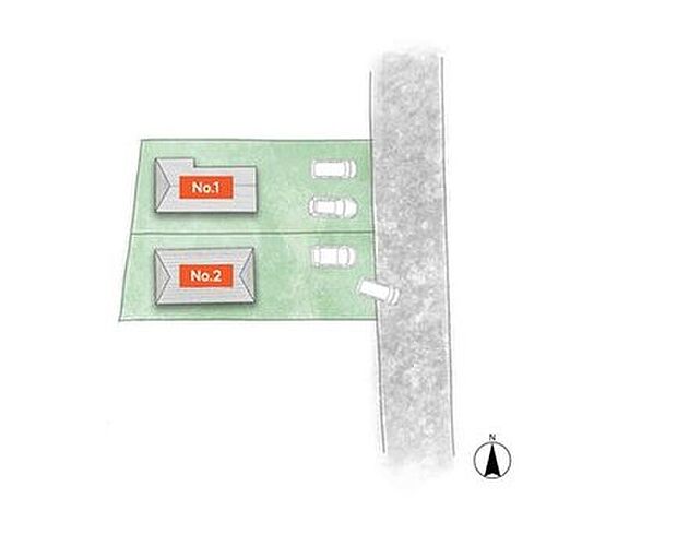 【全体区画図】
全2邸の新街区が誕生!前面道路は約6m幅とゆとりがあり、車同士のすれ違いや車庫入れがスムーズです。敷地面積約32坪、約33坪の2区画です。