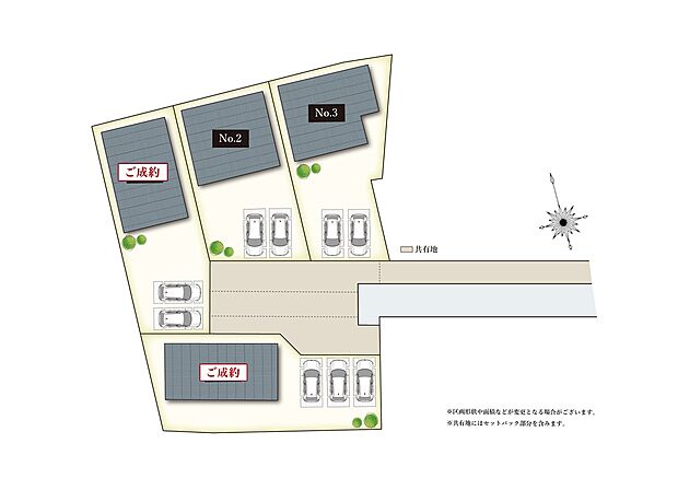  【全体区画図】
暮らしやすさが魅力の妙興寺駅南エリアに、全4邸の新たな分譲地が誕生。各邸2～3台分のカースペースを確保(車種による)、ゆとりある配置計画です。