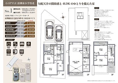 3階建て4LDK。2階にLDK・浴室・洗面室、1階と3階に洋室を2部屋ずつ配置しています。LDKは約17.6帖！リビング上部が勾配天井になっており開放的です。3階のインナーテラスは、物干しスペースとしてもお使いいただけます。 
