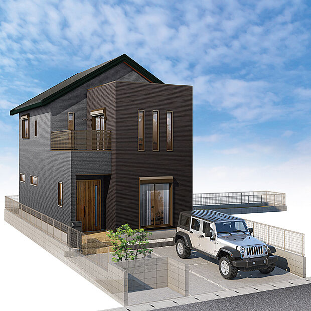 【外観完成予想図/1号棟】
ダークカラーでまとめた重厚感のある外観。家事動線やご家族とコミュニケーションがとりやすいレイアウトにこだわった住まいです。複数のリビング収納やWICなど、豊富な収納も魅力。
