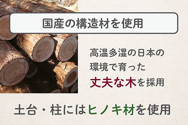 【構造材は丈夫で長持ちな国産材を使用】高温多湿の日本の風土に合った国産材を構造材に使用 土台と柱はヒノキ材です。