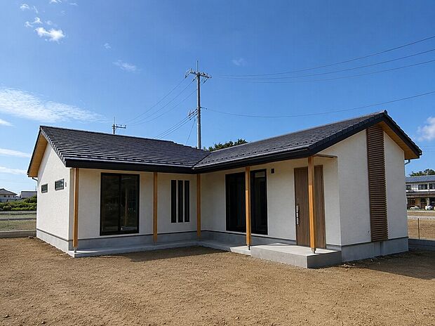 外観写真 和モダンデザインの平屋住宅。L字型の建物配置が外部からの視線を程よく遮り、プライバシーを確保しながら、住まいに風格と洗練された印象を与える外観デザインとしています。